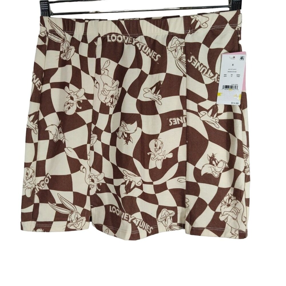 Looney Tunes Brown Check Skirt All Over Print Women Size XS Kidcore Casual NEW